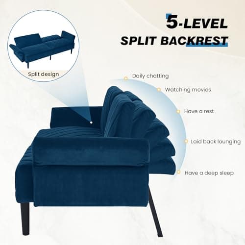 Velvet Futon Sofa Bed with Adjustable Backrest and Armrest, 78 Blue Futon Couch for Living Room and Small Spaces