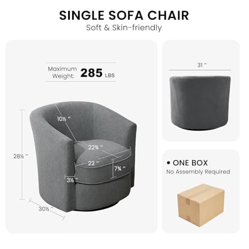 Furniliving 360° Swivel Grey Accent Chair, Comfortable Sherpa Upholstered Barrel Sofa