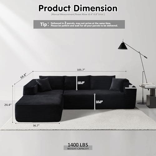 Ovios 104" Cloud Sectional with L-Shape Chaise, Plush Black Corduroy Sofas