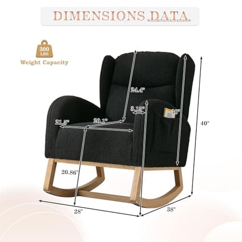 Rocking Chair for Nursery: Teddy Upholstered Glider with Side Pockets and High Backrest in Black