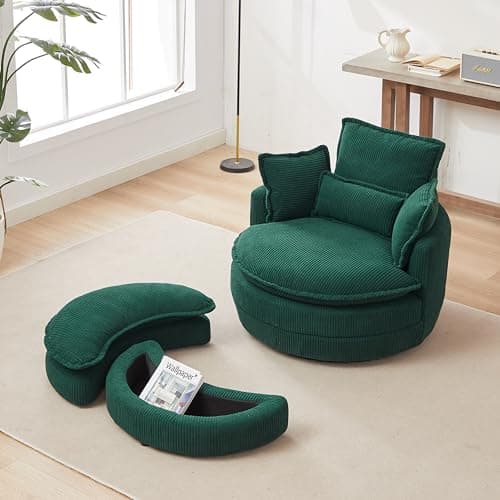 Oversized Grey Swivel Chair with Moon Ottoman & 4 Pillows