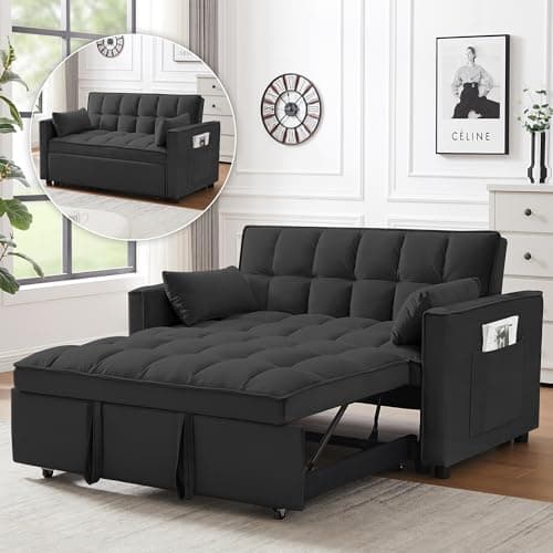 3-in-1 Convertible Living Room Couch Bed, Grey Velvet Fabric | Side Pocket & Adjustable Backrest