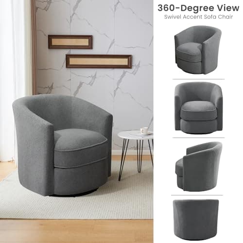 Furniliving 360° Swivel Grey Accent Chair, Comfortable Sherpa Upholstered Barrel Sofa