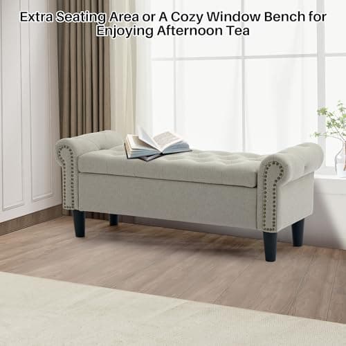 Light Brown Linen Tufted Storage Bench with Rolled Arms & Ottoman, 50" Queen End of Bed Bench