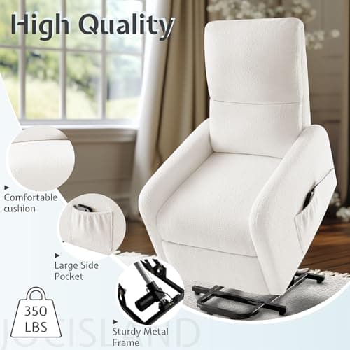 Jocisland Electric Recliner for Elderly, Teddy White with High Back & Side Pocket