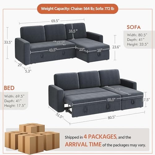 Yaheetech Dark Gray L-Shaped Couch Bed with Chaise & Storage