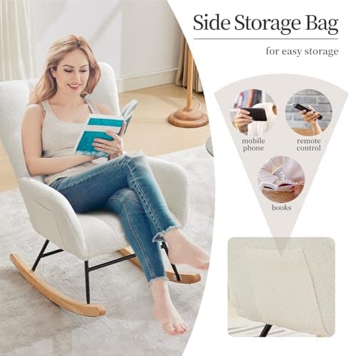 Teddy Upholstered Glider Rocking Chair with High Backrest, Armrest & Side Pockets