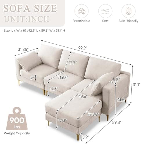 JEEOHEY Gold Metal Legs 3 Seat Oversized L-Shaped Sectional Sofa, Beige