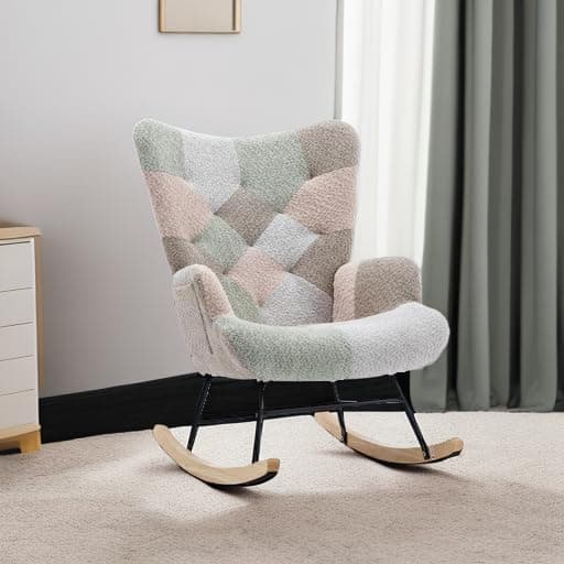 Macaroon Upholstered Teddy Fabric Rocking Chair with High Backrest for Nursery & Living Room