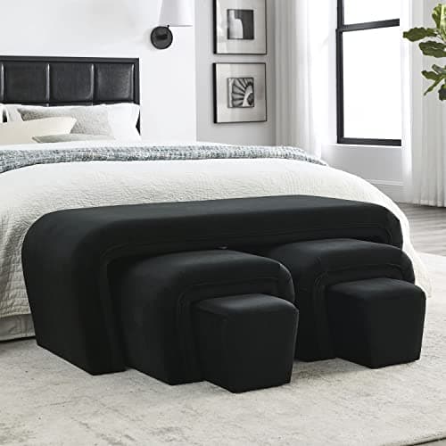 Upholstered Ottoman Bench Set with 2 Small Stools and Footrests