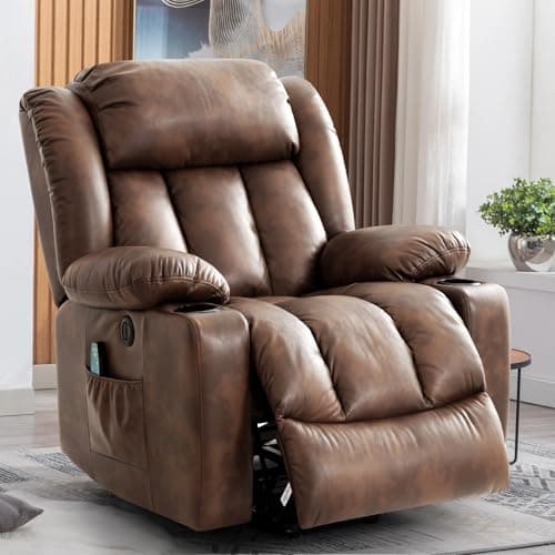 Electric Recliner Chair with Massage & Heat, Cup Holders, Remote Control, USB, Side Pockets, Leather (Beige)