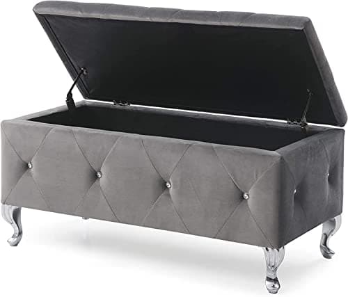 Velvet Upholstered Storage Ottoman Bench with Safety Hinge and Padded Seat in Grey