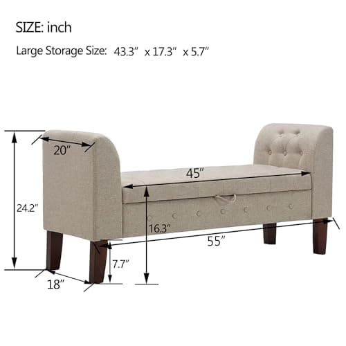 Khaki Upholstered Storage Bench with Arms for Bedroom and Living Room