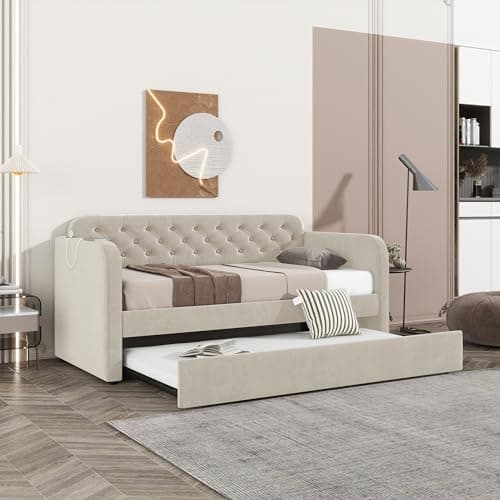Twin Size Velvet Daybed with Trundle & USB Port - Light Beige