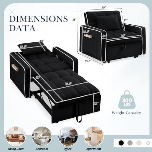 Black 3-in-1 Reclining Sleeper Sofa Chair Bed with Side Pockets
