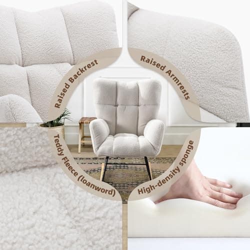 Beige Teddy Upholstered Rocking Chair with High Backrest for Bedroom & Living Room