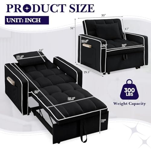 3-in-1 Velvet Convertible Sofa Bed, Black, Living Room Sleeper Chair