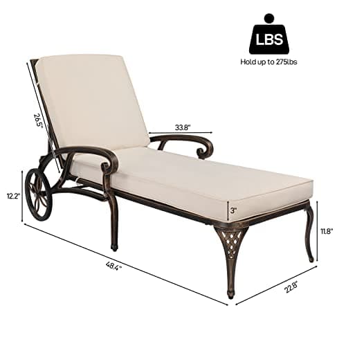VINGLI Bronze Cast Aluminum Outdoor Chaise Lounge Chair with Cushion