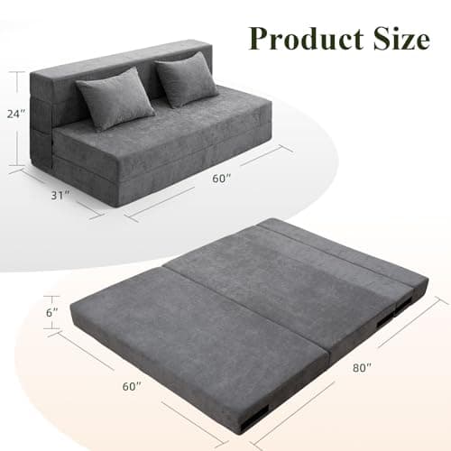 HOMFINE Folding Sofa Bed - Convertible Queen Sleeper Chair, Grey