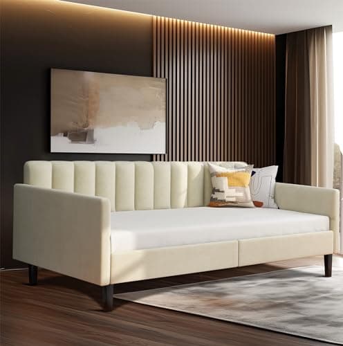 LifeSky Twin Velvet Tufted Daybed - Beige Upholstered Frame for Living Room