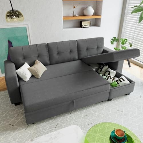 Furniwell L-Shaped Sleeper Sofa with Storage Lounge, Gray Linen (Living Room, Small Space)