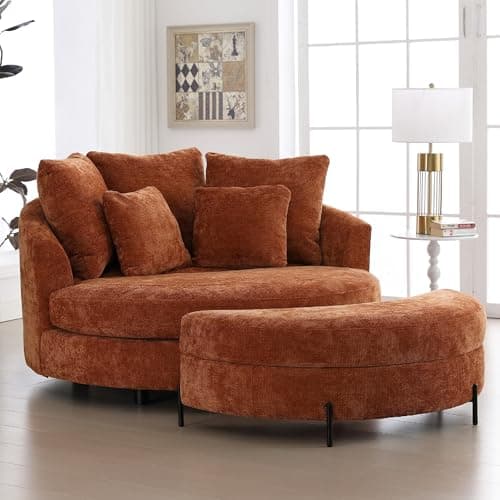 Beige Knitted Chenille Oversized Barrel Chair with Wheels & 5 Pillows