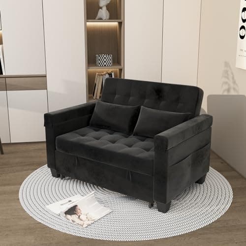 3-in-1 Convertible Sofa Bed with Adjustable Backrest & Hidden Side Table, Black