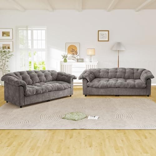 JEEOHEY Modern Sofa Couch, 99" W Chenille Tufted Fluffy Comfy Cloud Couch with Tutfted Design & Armrest Pillows, Upholstered Oversized Loveseat Sofa for Living Room, Bedroom, Office, Apartment, Grey