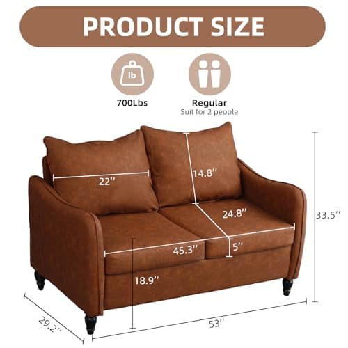 Mid Century Modern Brown PU Leather 2 Seat Sofa for Small Spaces