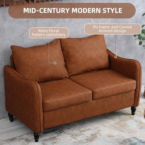 Mid Century Modern Brown PU Leather 2 Seat Sofa for Small Spaces