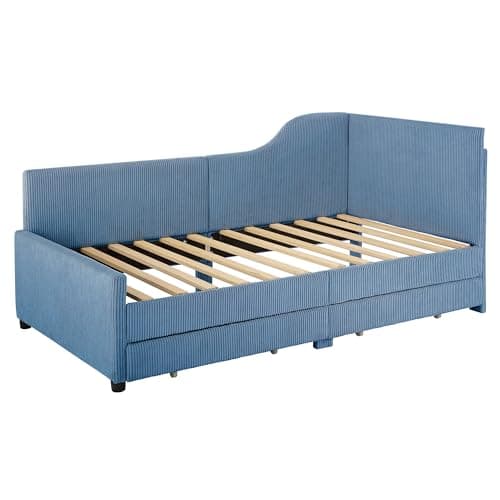 Merax Twin Size Corduroy Daybed with Storage Drawers & Wood Slat Support, Blue