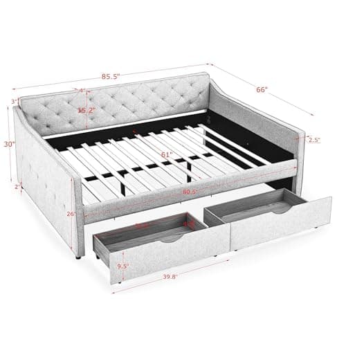 Queen Size Daybed with 2 Drawers, Upholstered Sofa Bed with Button Back and Waved Arms, Wood Slat Support - Grey
