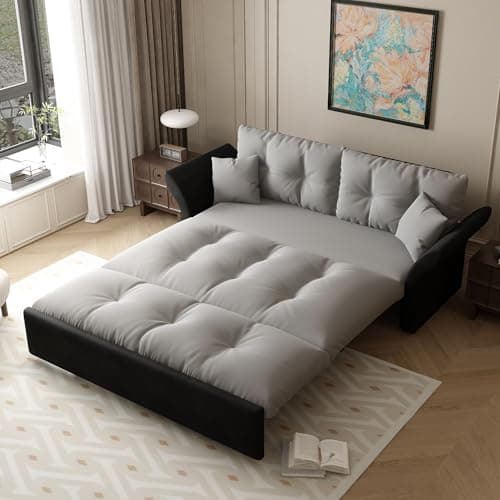 GNIXUU 66" Queen Pull-Out Sofa Bed, Beige Velvet Sleeper Couch with Side Storage