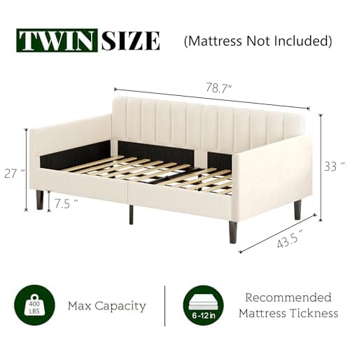 Twin Size Upholstered Daybed with Wood Slat Support in Ivory Velvet