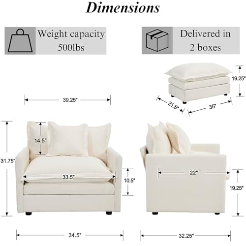 Linen White Oversized Chaise Lounge Chair with Ottoman for Living Room, Bedroom, Office