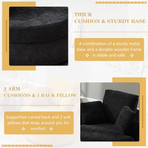 JEEOHEY 360 Degree Swivel Chenille Fabric Chair Set, Black, Oversized Sofa Accent