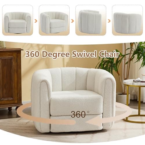 Swivel Accent Chair for Living Room: Teddy Fabric Barrel Armchair (Beige)