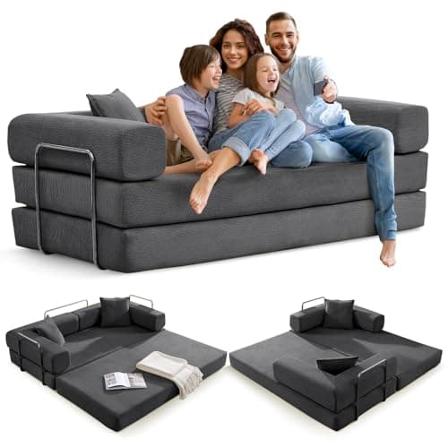Grey Convertible Sleeper Sofa Bed with Memory FoamMattress&Cylindrical Pillows