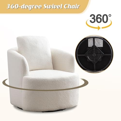 CANMOV Round Swivel Accent Chair, White, Comfy Teddy Boucle Armchair with Pillow
