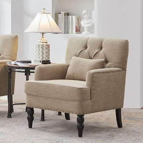 HUIMO Mid Century Modern Brown Studded Tufted Club Chair with Lumbar Pillow