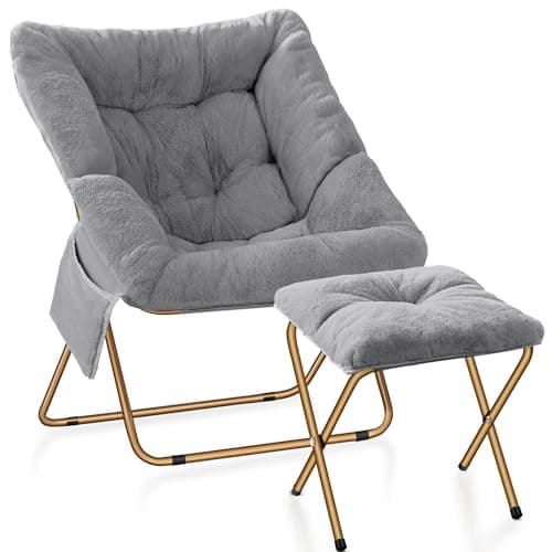 Ottoman-Grey X-Large Faux Fur Lounge Chair for Adults