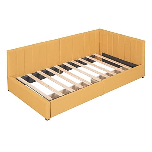 Upholstered Daybed with Storage Drawers and Wood Slats, Linen Fabric Sofa Bed Frame - Twin Size (Yellow)