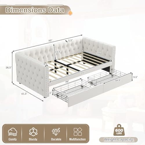 JEEOHEY Velvet Button Tufted Twin Daybed with Storage (Beige)