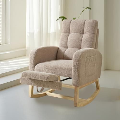 Teddy Fabric Rocking Chair with Adjustable Footrest (Beige)
