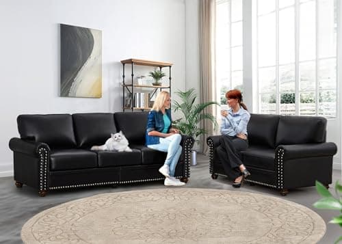 Modern Faux Leather Sofa Set with Storage for Living Room and Office (Black)