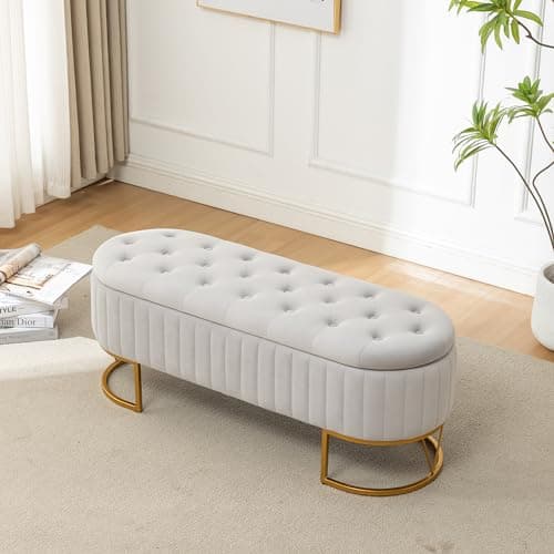 Modern Velvet Upholstered Storage Bench with Golden Metal Legs - Ivory