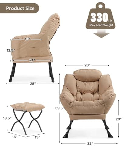 Beige Modern Lounge Chair with Ottoman & Side Pocket (Living Room)