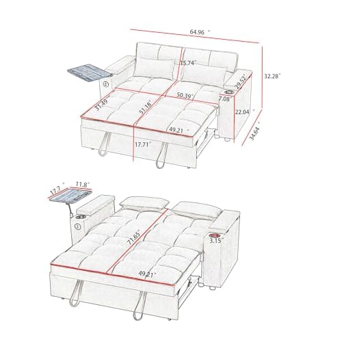 65'' 3-in-1 Folding Convertible Sofa Bed, Grey