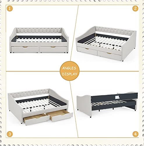 Beige Wood Full Size Daybed with Storage, Upholstered Nailhead Design, No Box Spring Needed
