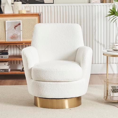 Modern White Swivel Barrel Chair with Tall Backrest and Teddy Fabric